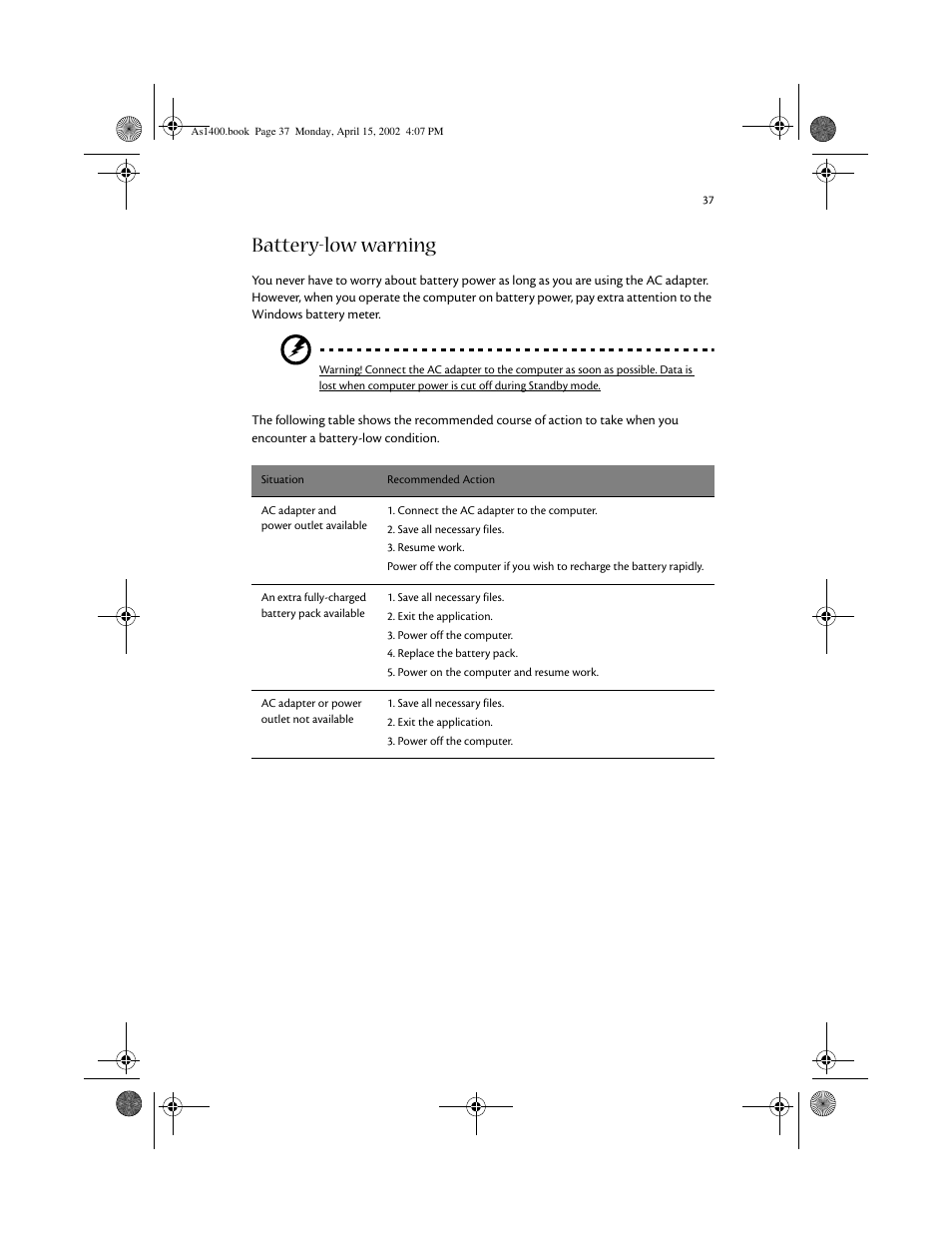 Battery-low warning | Acer Aspire 1400 User Manual | Page 47 / 110