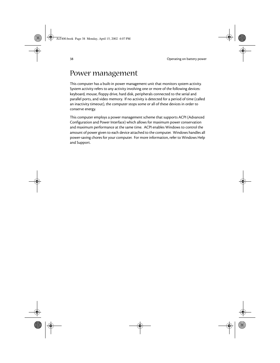 Power management | Acer Aspire 1400 User Manual | Page 48 / 110