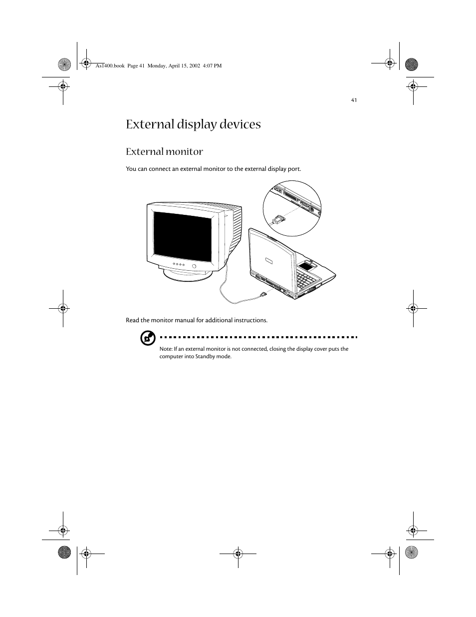 External display devices, External monitor | Acer Aspire 1400 User Manual | Page 51 / 110