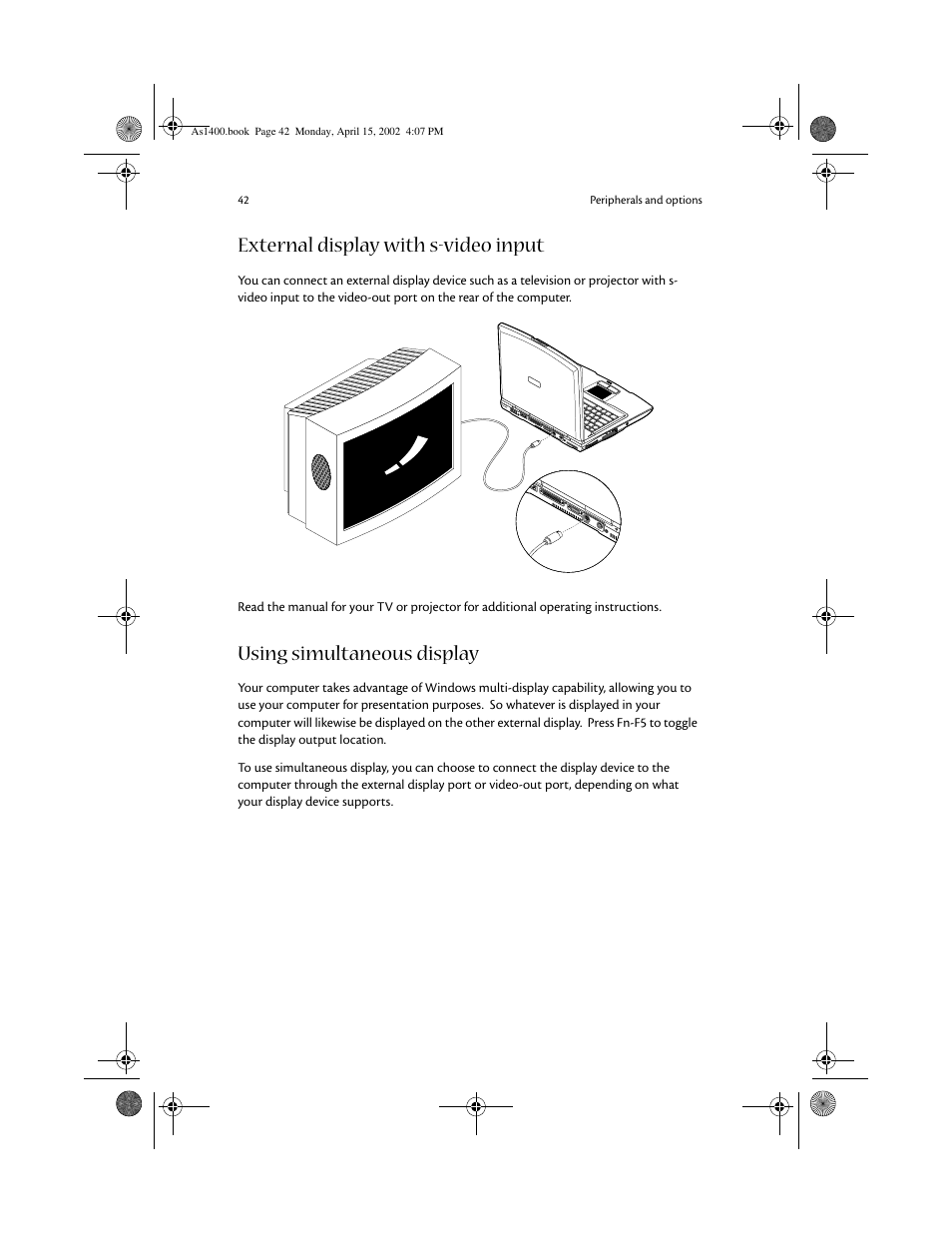 External display with s-video input, Using simultaneous display | Acer Aspire 1400 User Manual | Page 52 / 110