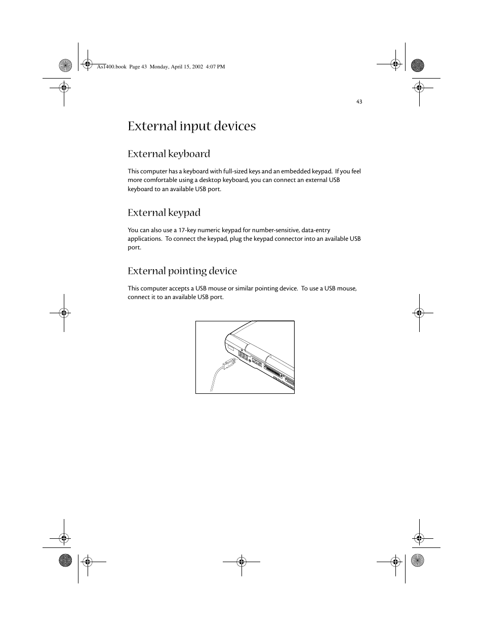 External input devices, External keyboard, External keypad | External pointing device | Acer Aspire 1400 User Manual | Page 53 / 110