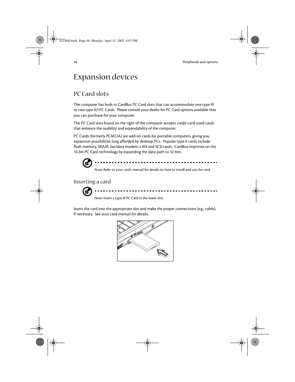 Expansion devices, Pc card slots | Acer Aspire 1400 User Manual | Page 56 / 110