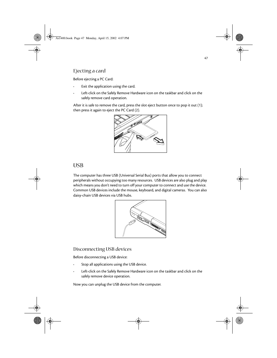 Ejecting a card, Disconnecting usb devices | Acer Aspire 1400 User Manual | Page 57 / 110