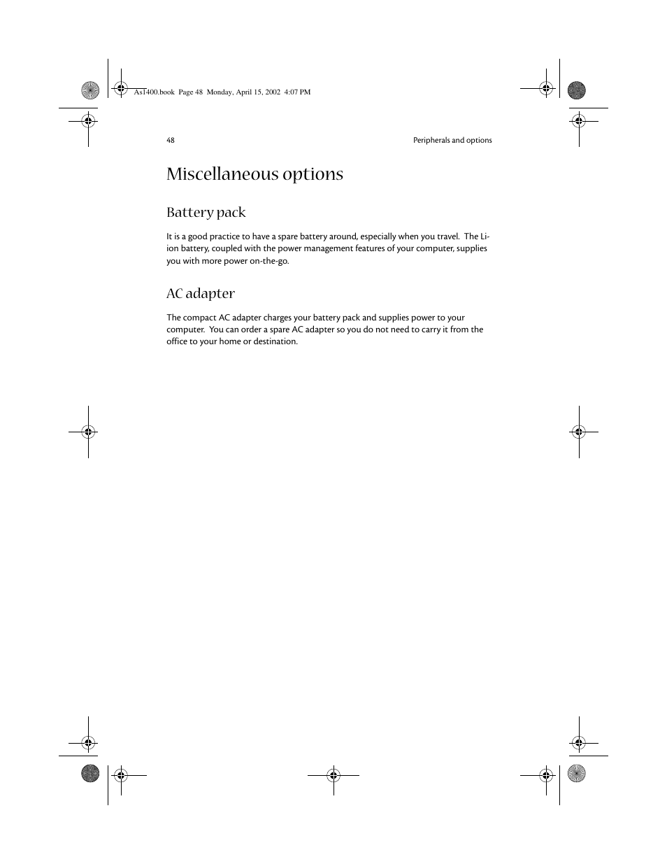 Miscellaneous options, Battery pack, Ac adapter | Acer Aspire 1400 User Manual | Page 58 / 110