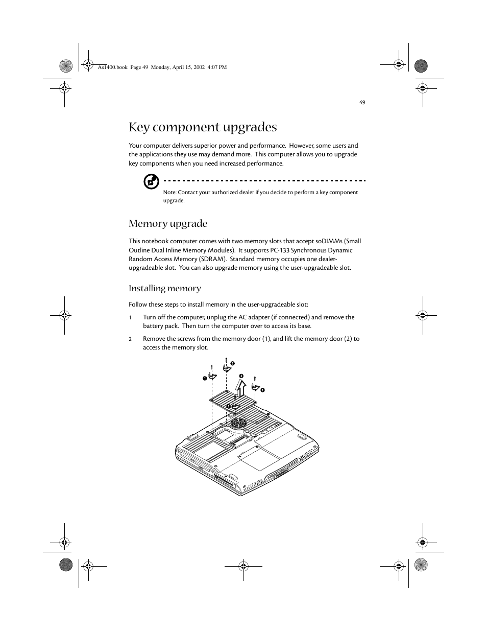 Key component upgrades, Memory upgrade | Acer Aspire 1400 User Manual | Page 59 / 110