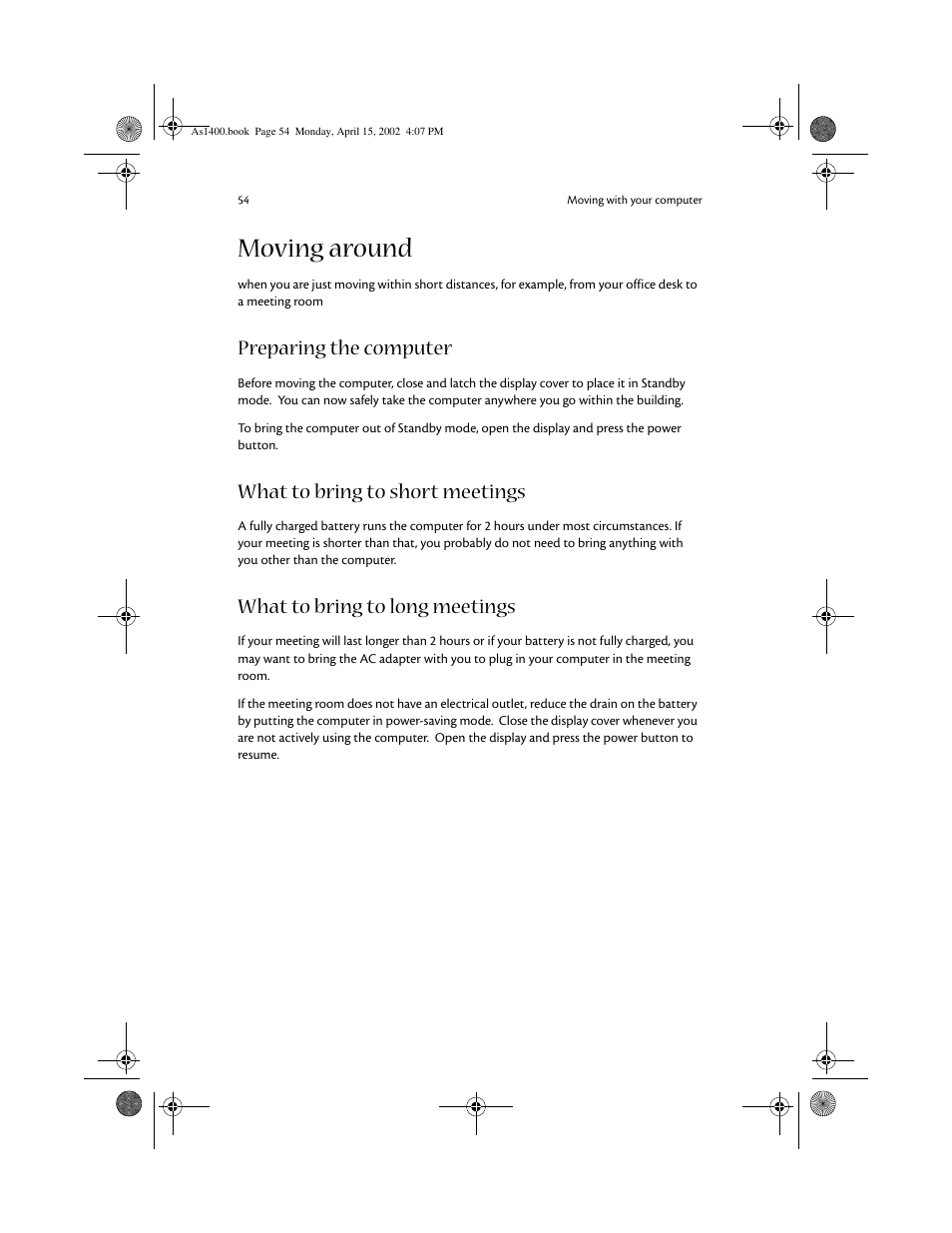 Moving around, Preparing the computer, What to bring to short meetings | What to bring to long meetings | Acer Aspire 1400 User Manual | Page 64 / 110