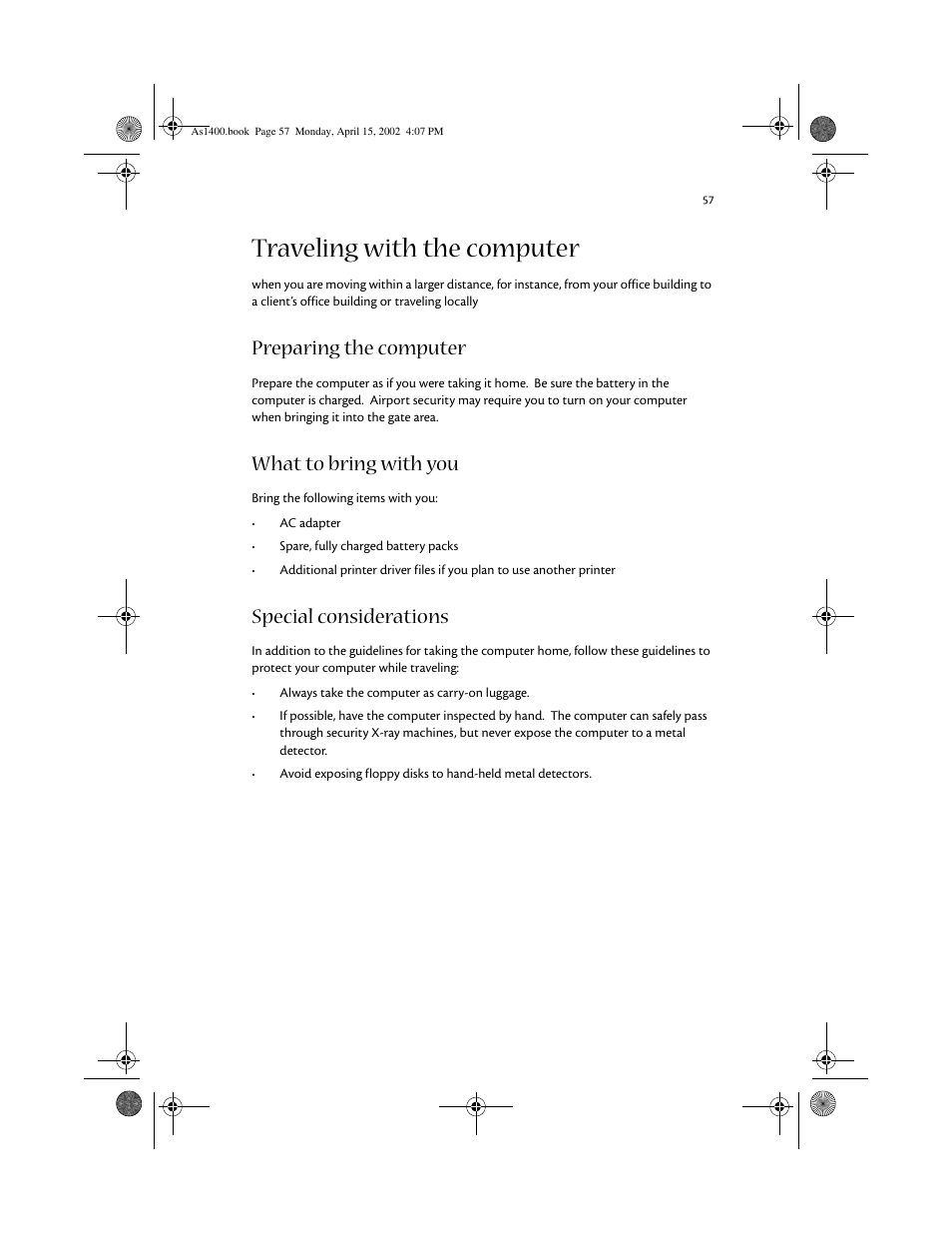 Traveling with the computer, Preparing the computer, What to bring with you | Special considerations | Acer Aspire 1400 User Manual | Page 67 / 110