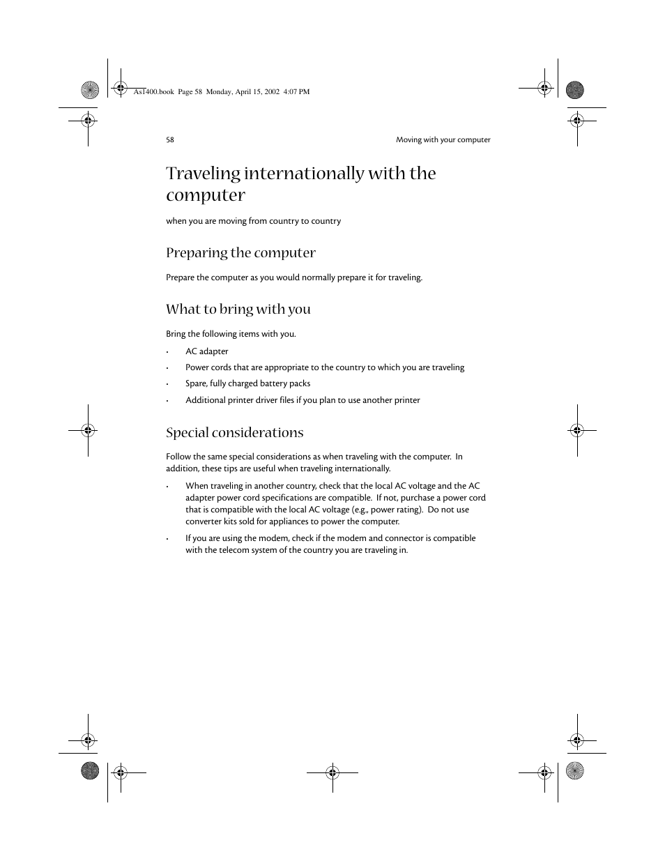 Traveling internationally with the computer, Preparing the computer, What to bring with you | Special considerations | Acer Aspire 1400 User Manual | Page 68 / 110