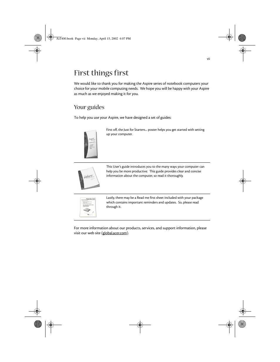 First things first, Your guides | Acer Aspire 1400 User Manual | Page 7 / 110