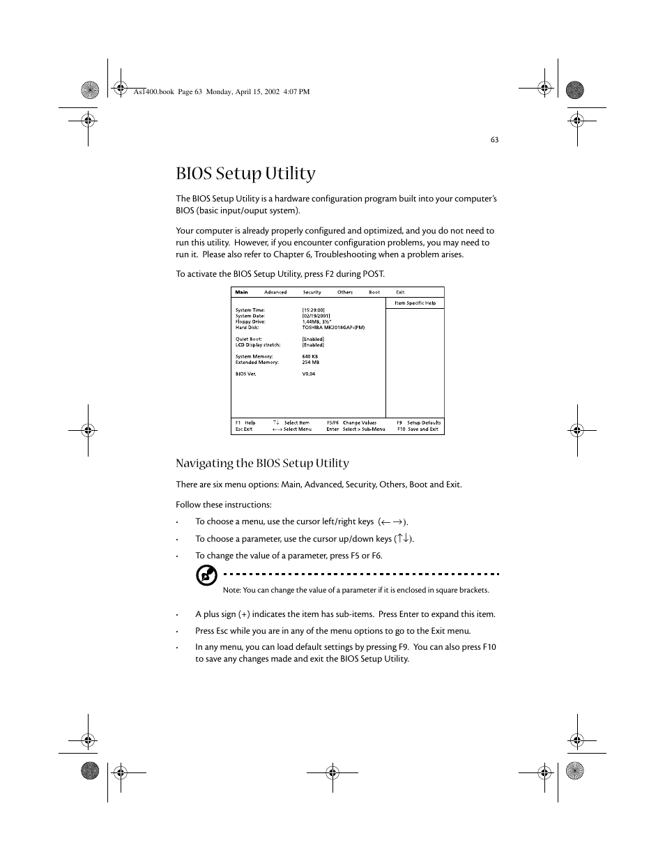 Bios setup utility, Navigating the bios setup utility | Acer Aspire 1400 User Manual | Page 73 / 110