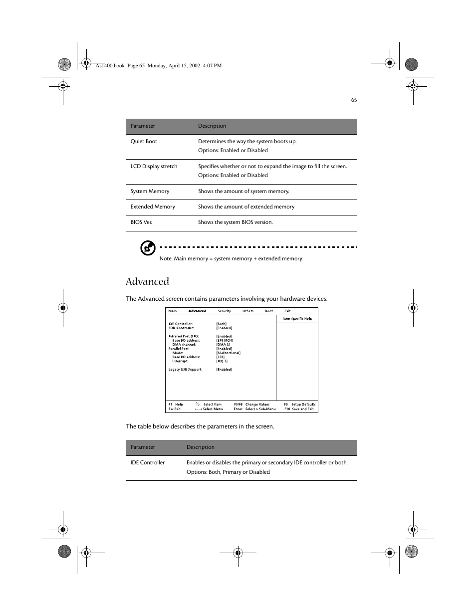 Advanced | Acer Aspire 1400 User Manual | Page 75 / 110