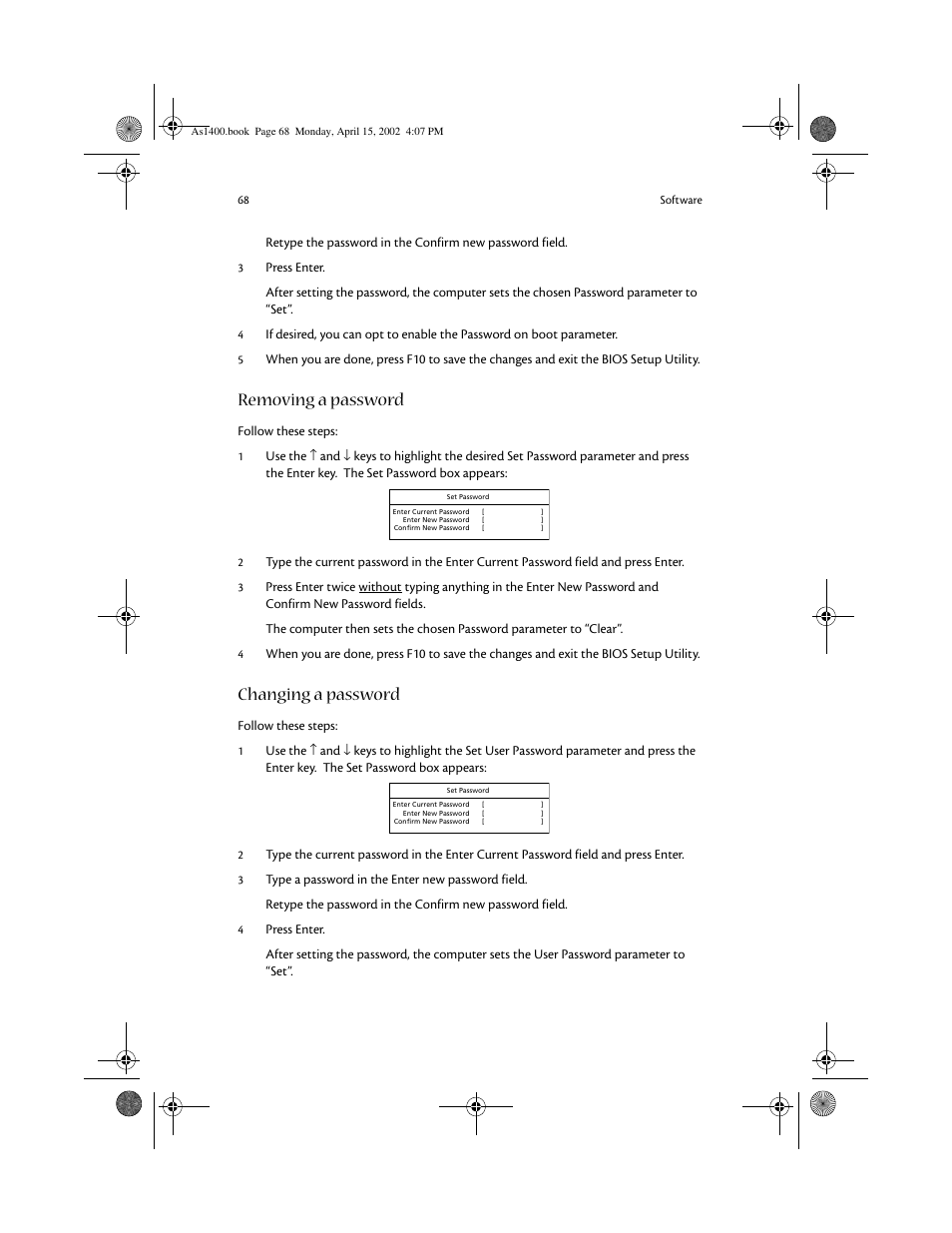 Removing a password, Changing a password | Acer Aspire 1400 User Manual | Page 78 / 110