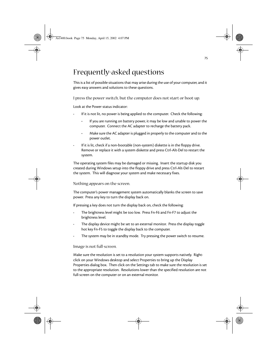 Frequently-asked questions | Acer Aspire 1400 User Manual | Page 85 / 110