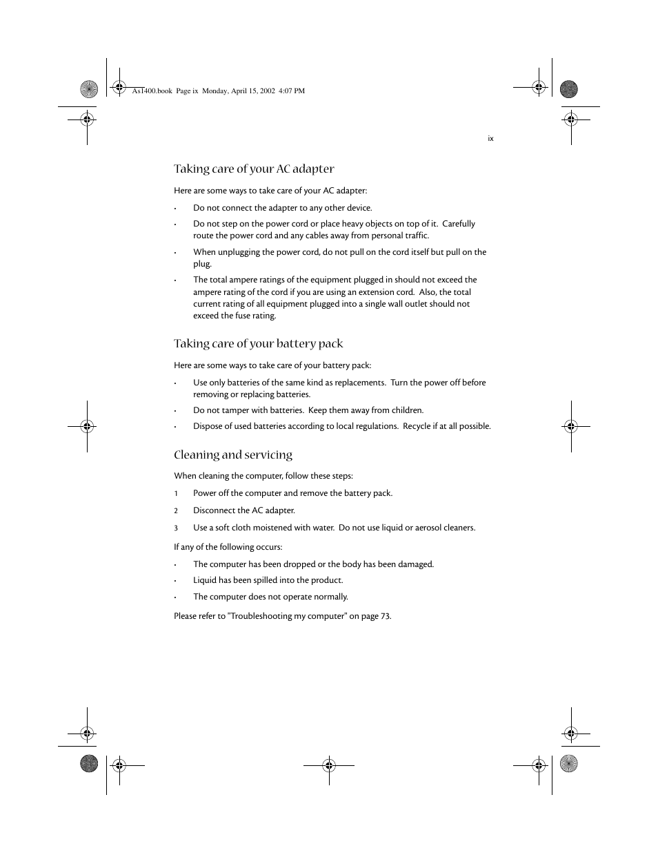 Taking care of your ac adapter, Taking care of your battery pack, Cleaning and servicing | Acer Aspire 1400 User Manual | Page 9 / 110