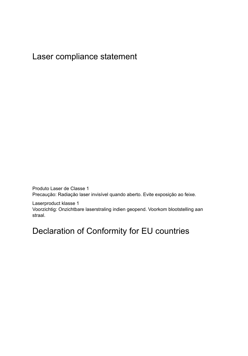 Laser compliance statement, Declaration of conformity for eu countries, List of applicable countries | Acer AR360 F1 User Manual | Page 12 / 188