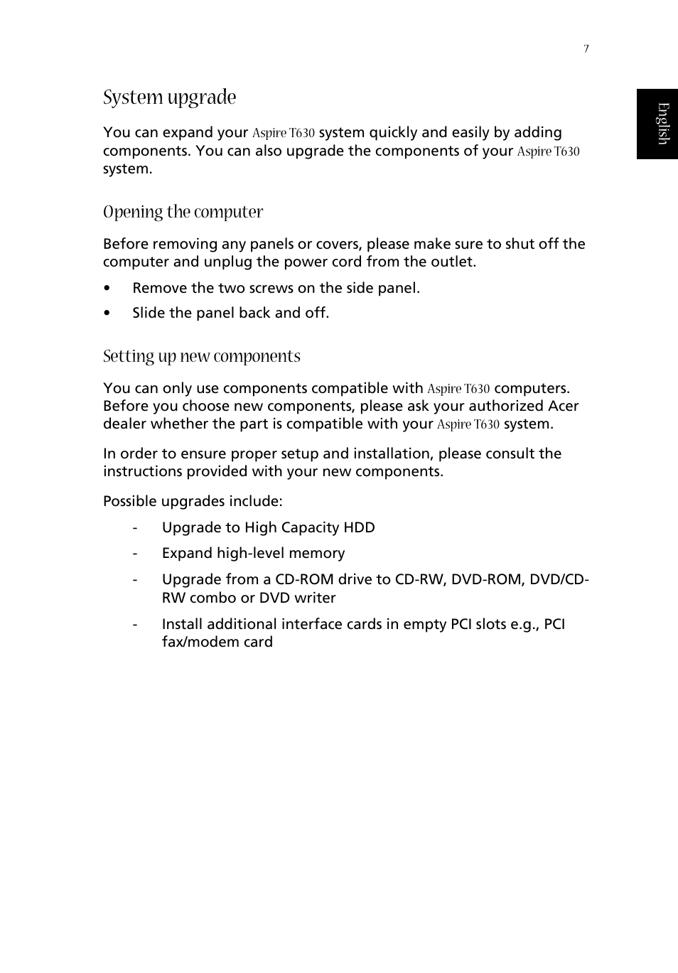 System upgrade, Opening the computer, Setting up new components | Acer Aspire T630 User Manual | Page 11 / 24