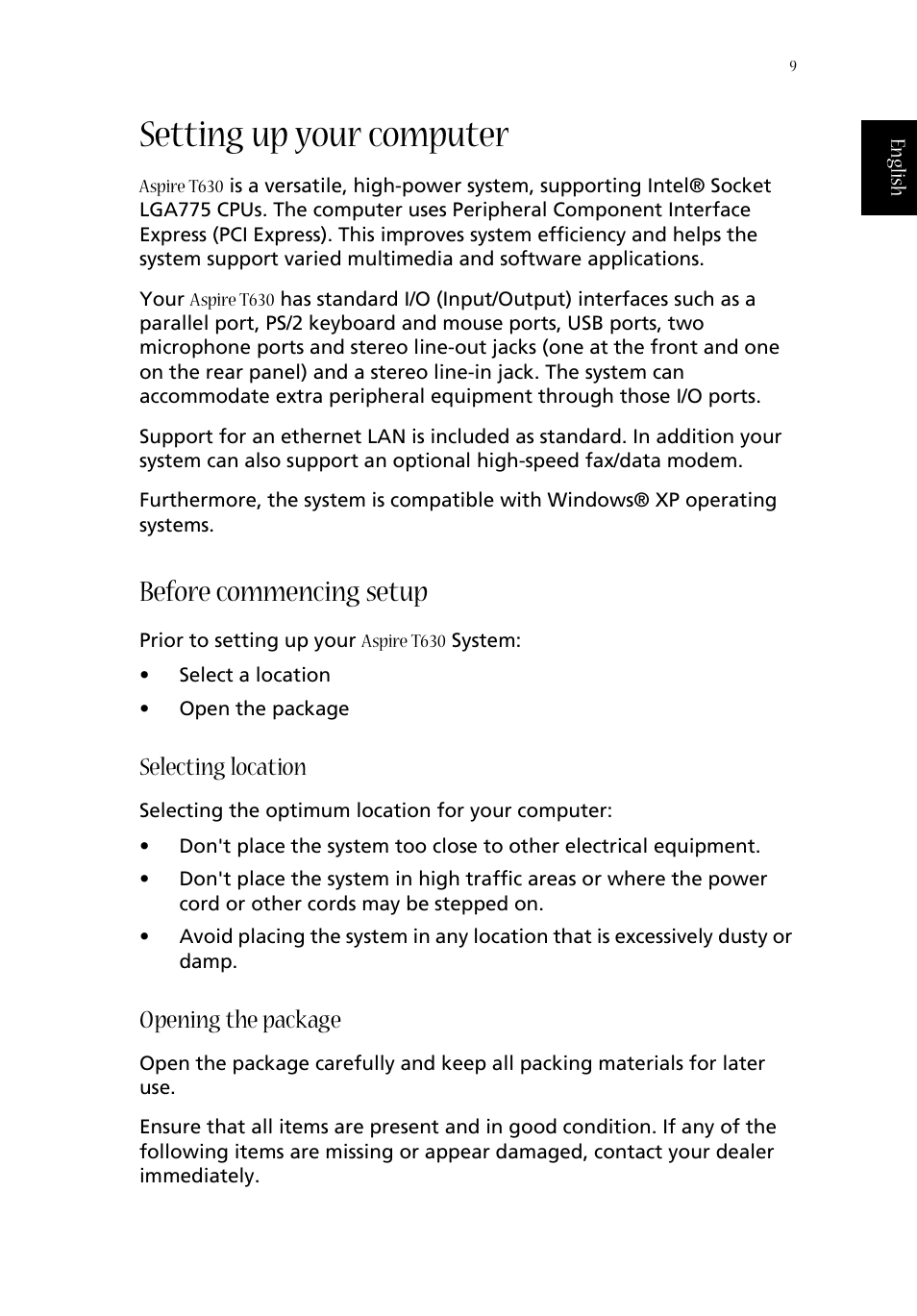 Setting up your computer, Before commencing setup, Selecting location | Opening the package | Acer Aspire T630 User Manual | Page 13 / 24