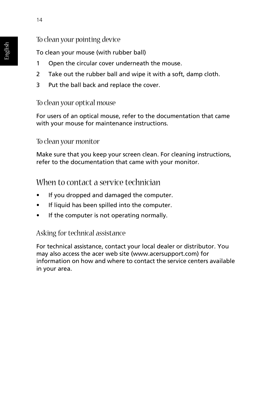 When to contact a service technician, To clean your pointing device, To clean your optical mouse | To clean your monitor, Asking for technical assistance | Acer Aspire T630 User Manual | Page 18 / 24