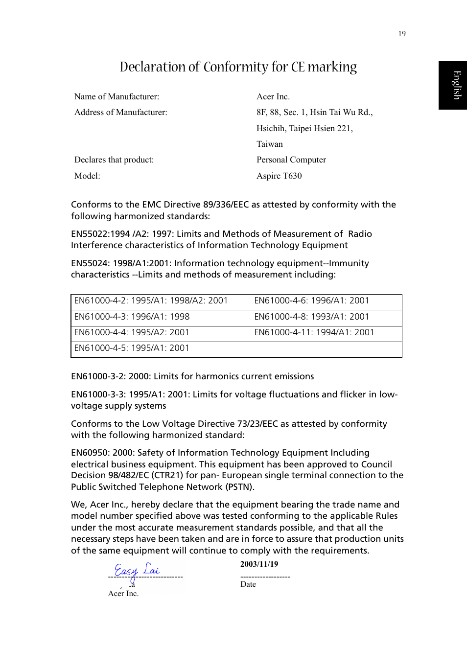 Declaration of conformity for ce marking, English | Acer Aspire T630 User Manual | Page 23 / 24