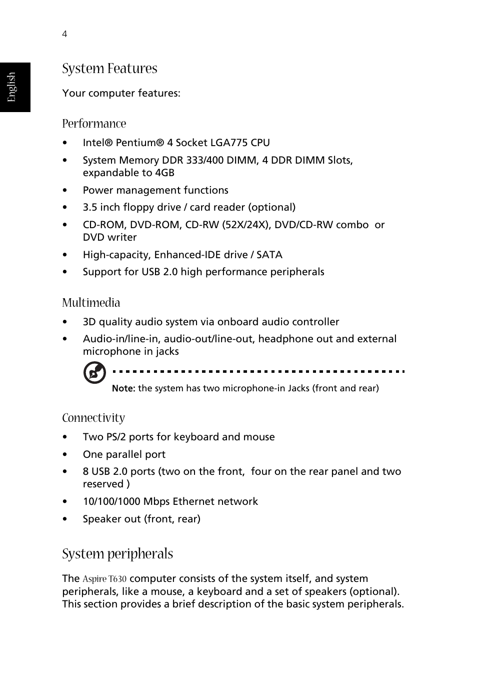 System features, System peripherals, Performance | Multimedia, Connectivity | Acer Aspire T630 User Manual | Page 8 / 24