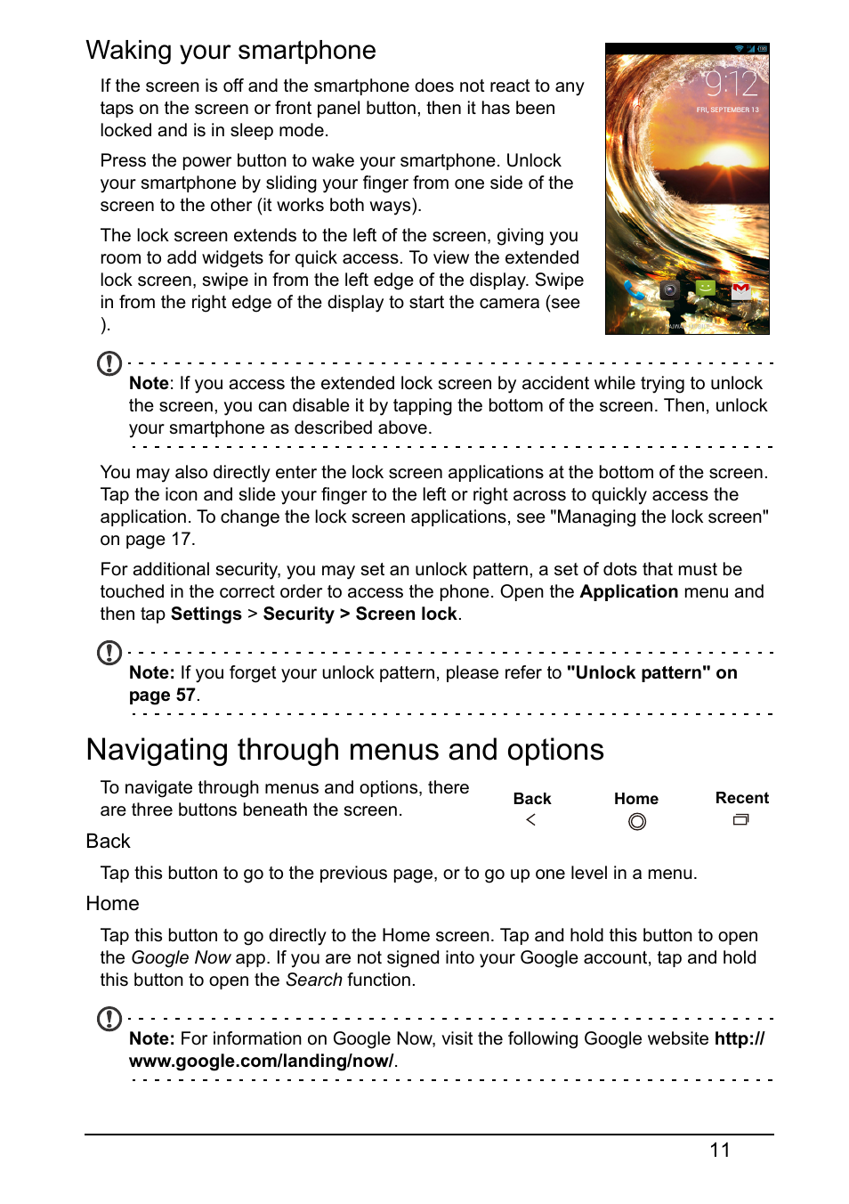 Waking your smartphone, Navigating through menus and options | Acer S520 User Manual | Page 11 / 70