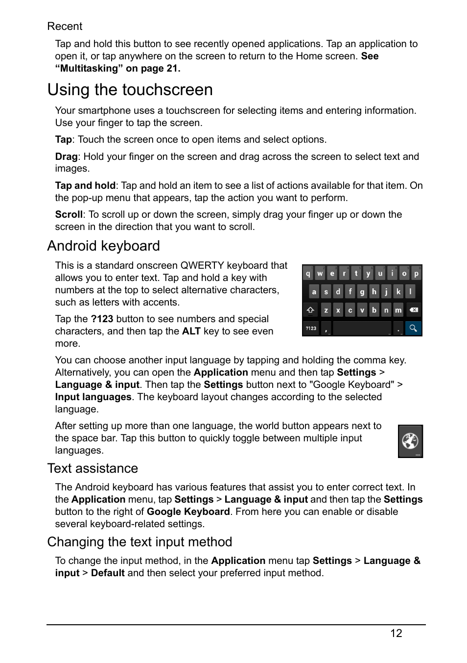 Using the touchscreen, Android keyboard | Acer S520 User Manual | Page 12 / 70