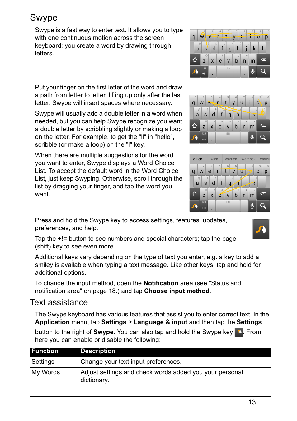 Swype, Text assistance | Acer S520 User Manual | Page 13 / 70