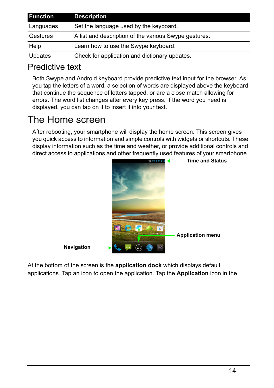 Predictive text, The home screen | Acer S520 User Manual | Page 14 / 70