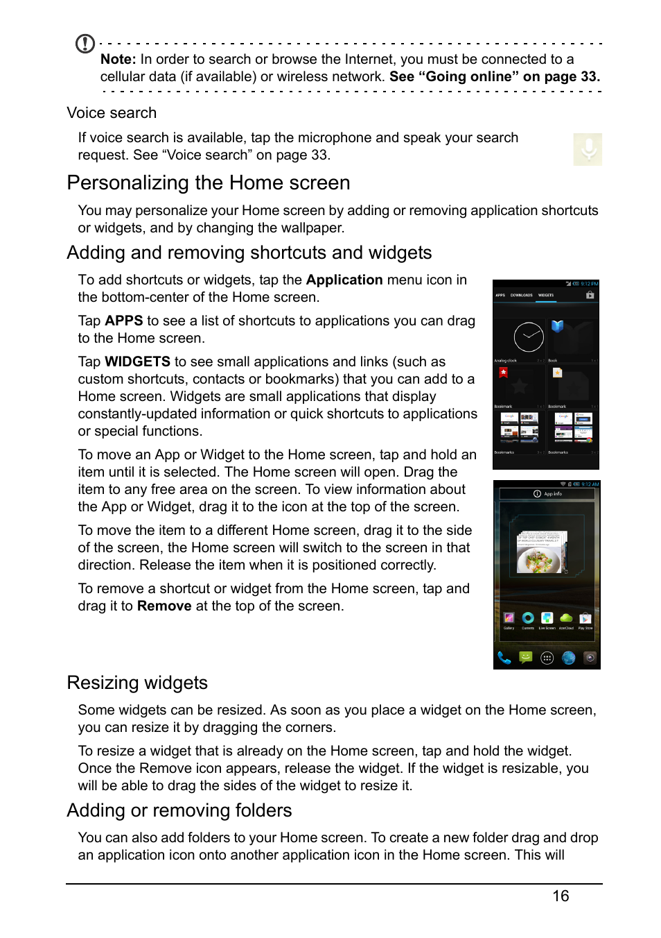 Personalizing the home screen, Adding and removing shortcuts and widgets, Resizing widgets | Adding or removing folders | Acer S520 User Manual | Page 16 / 70