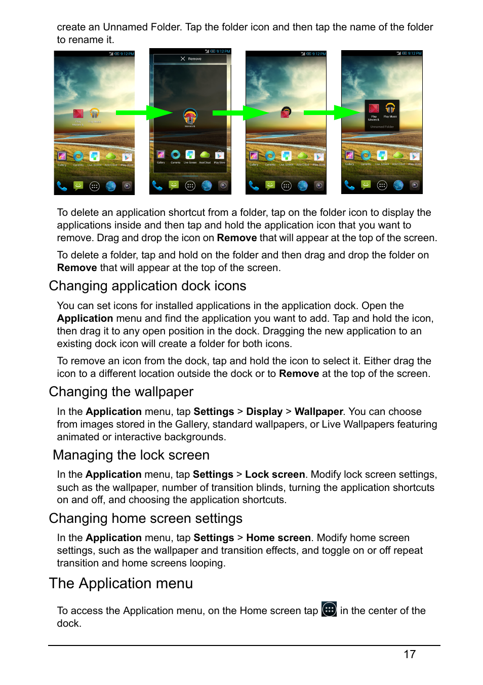 The application menu, Changing application dock icons, Changing the wallpaper | Managing the lock screen, Changing home screen settings | Acer S520 User Manual | Page 17 / 70