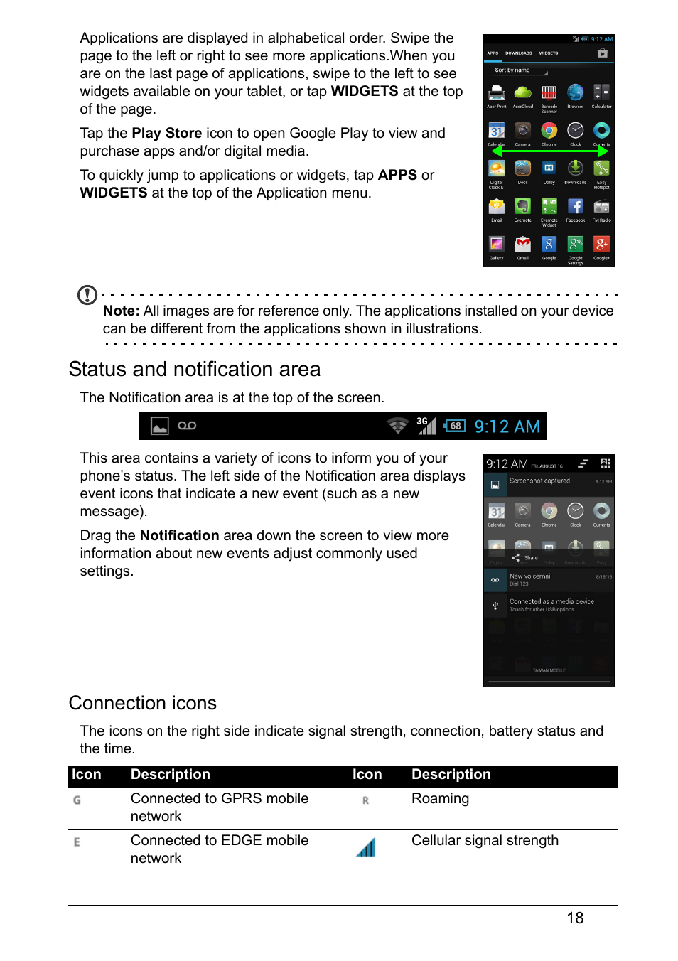 Status and notification area, Connection icons | Acer S520 User Manual | Page 18 / 70