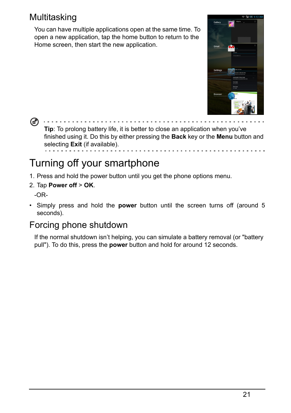 Multitasking, Turning off your smartphone, Forcing phone shutdown | Acer S520 User Manual | Page 21 / 70