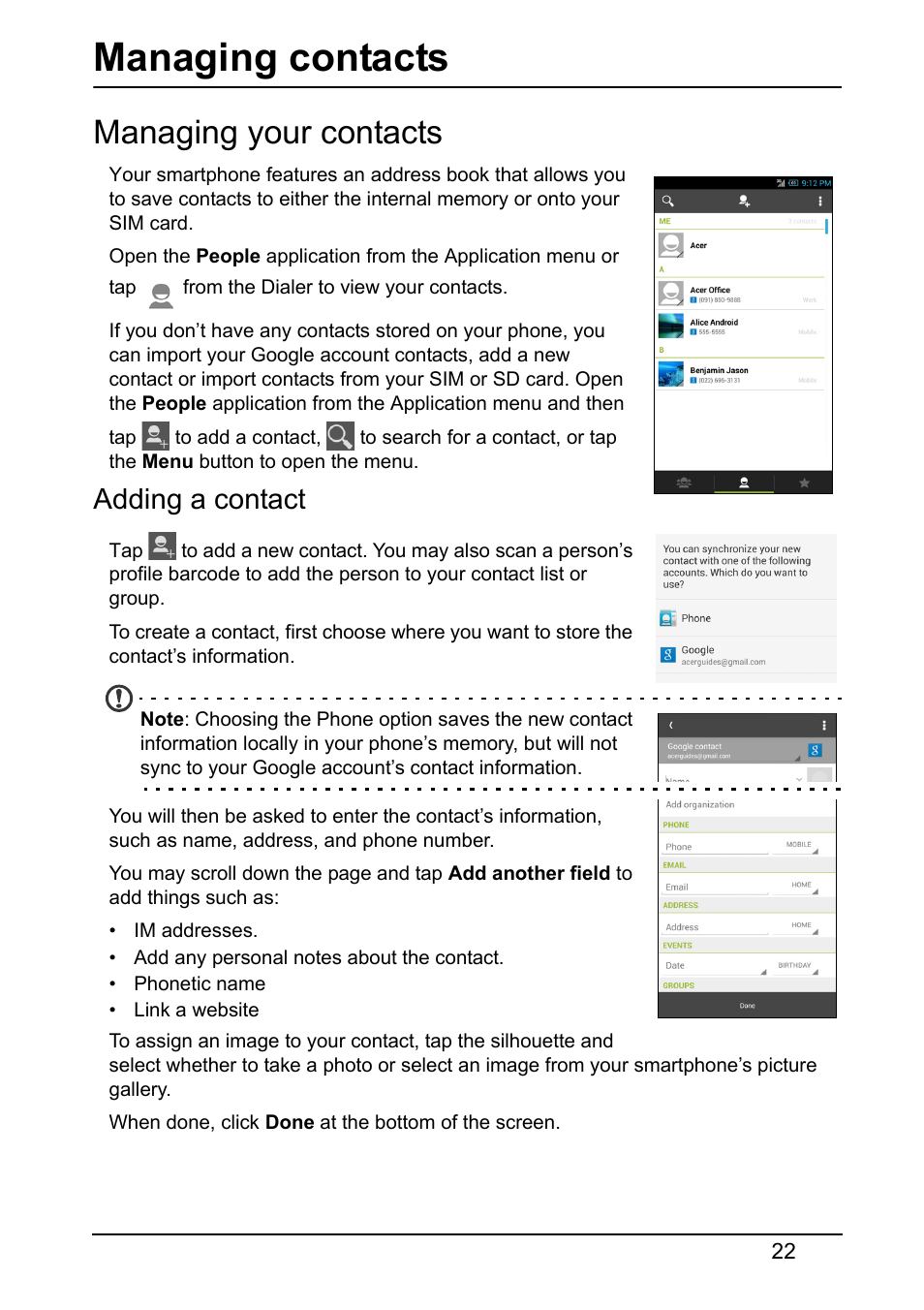 Managing your contacts, Adding a contact, Managing contacts | Acer S520 User Manual | Page 22 / 70