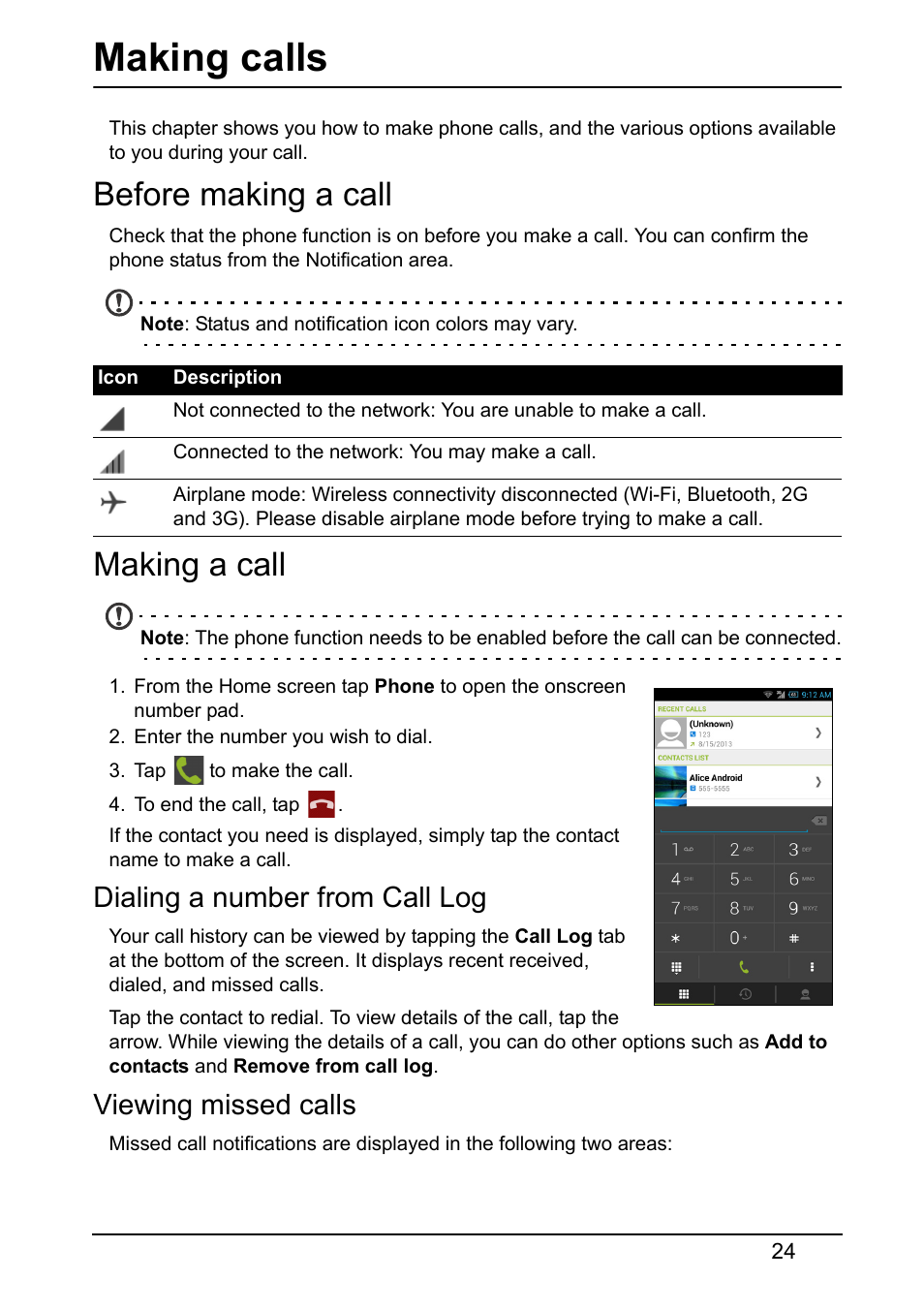 Before making a call, Making a call, Dialing a number from call log | Viewing missed calls, Making calls, Before making a call making a call | Acer S520 User Manual | Page 24 / 70