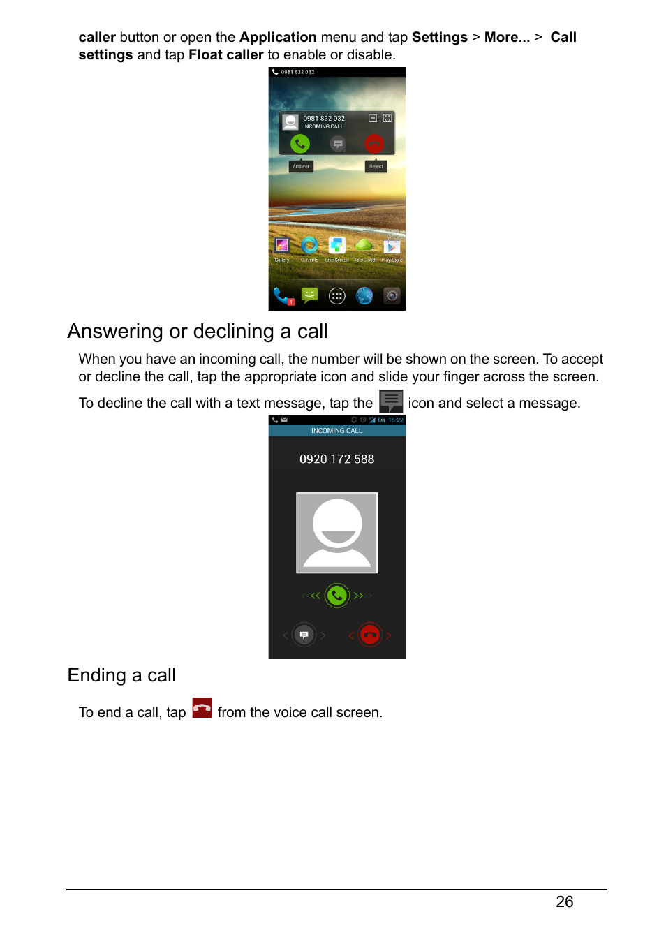 Answering or declining a call, Ending a call | Acer S520 User Manual | Page 26 / 70