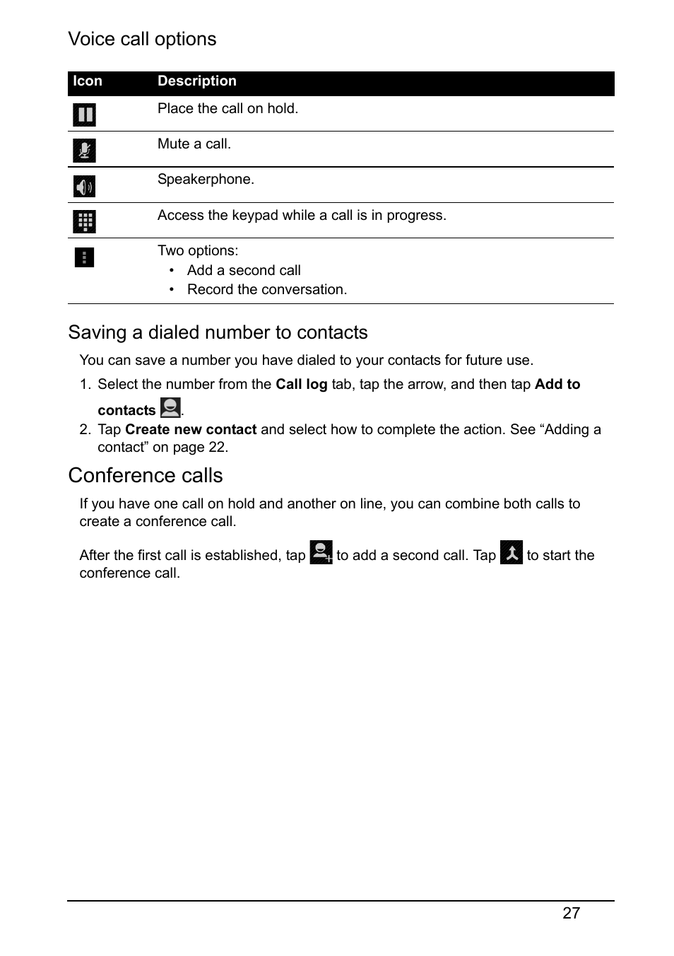 Conference calls, Voice call options, Saving a dialed number to contacts | Acer S520 User Manual | Page 27 / 70