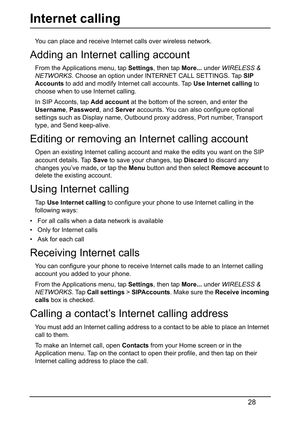 Adding an internet calling account, Editing or removing an internet calling account, Using internet calling | Receiving internet calls, Calling a contact’s internet calling address, Internet calling | Acer S520 User Manual | Page 28 / 70