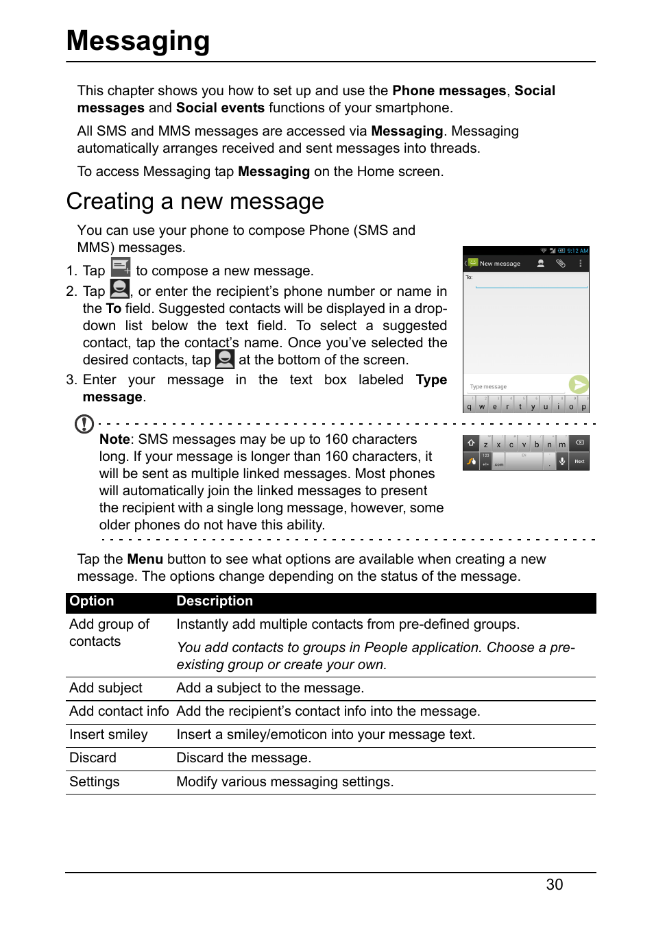 Creating a new message, Messaging | Acer S520 User Manual | Page 30 / 70