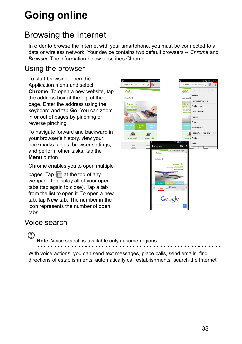 Browsing the internet, Using the browser, Voice search | Going online | Acer S520 User Manual | Page 33 / 70