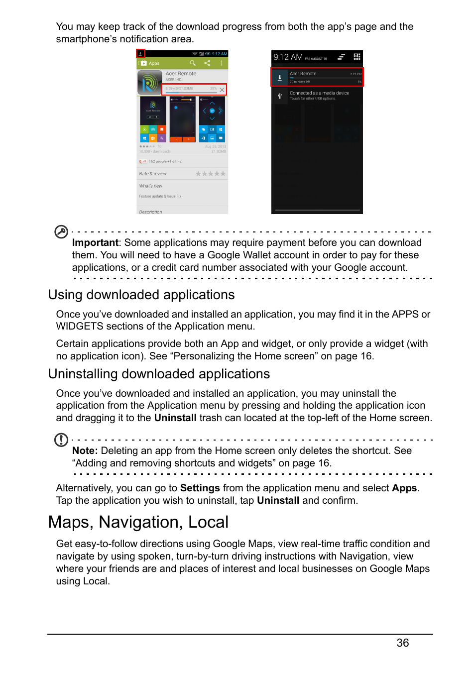 Maps, navigation, local, Using downloaded applications, Uninstalling downloaded applications | Acer S520 User Manual | Page 36 / 70