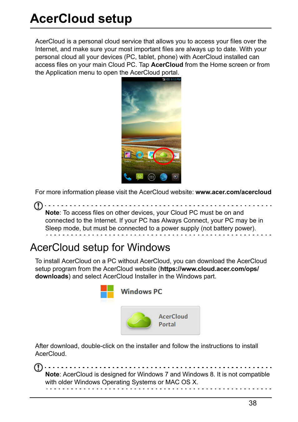 Acercloud setup for windows, Acercloud setup | Acer S520 User Manual | Page 38 / 70