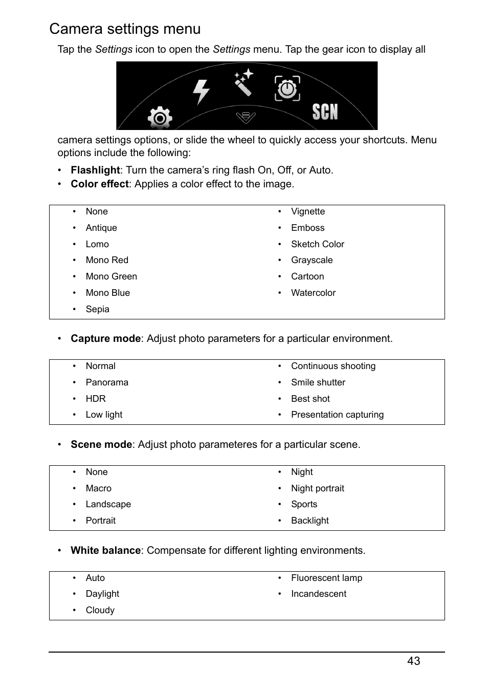 Camera settings menu | Acer S520 User Manual | Page 43 / 70