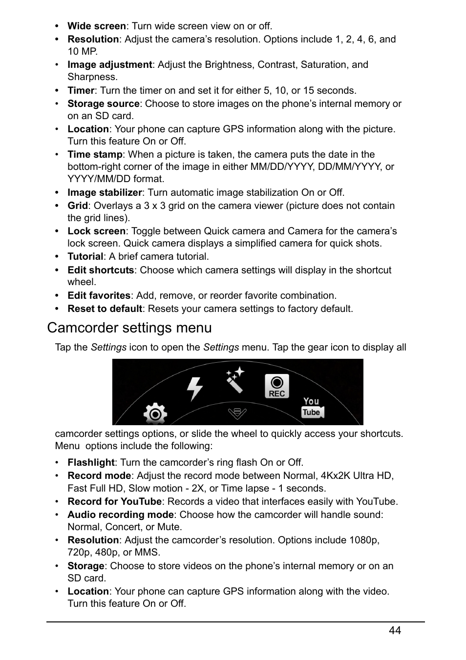 Camcorder settings menu | Acer S520 User Manual | Page 44 / 70