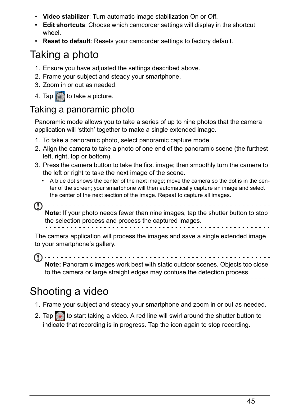 Taking a photo, Taking a panoramic photo, Shooting a video | Taking a photo shooting a video | Acer S520 User Manual | Page 45 / 70