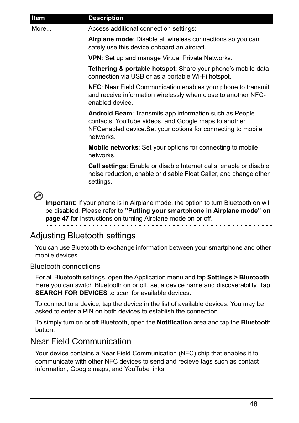 Adjusting bluetooth settings, Near field communication | Acer S520 User Manual | Page 48 / 70