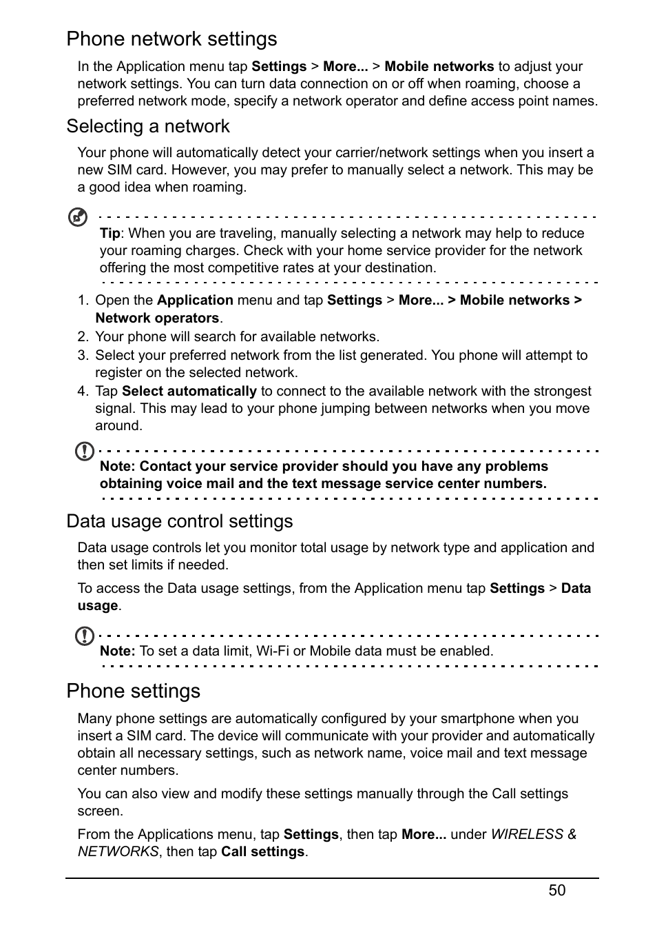 Phone network settings, Phone settings, Selecting a network | Data usage control settings | Acer S520 User Manual | Page 50 / 70