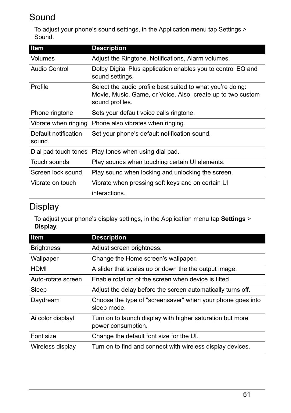 Sound, Display | Acer S520 User Manual | Page 51 / 70