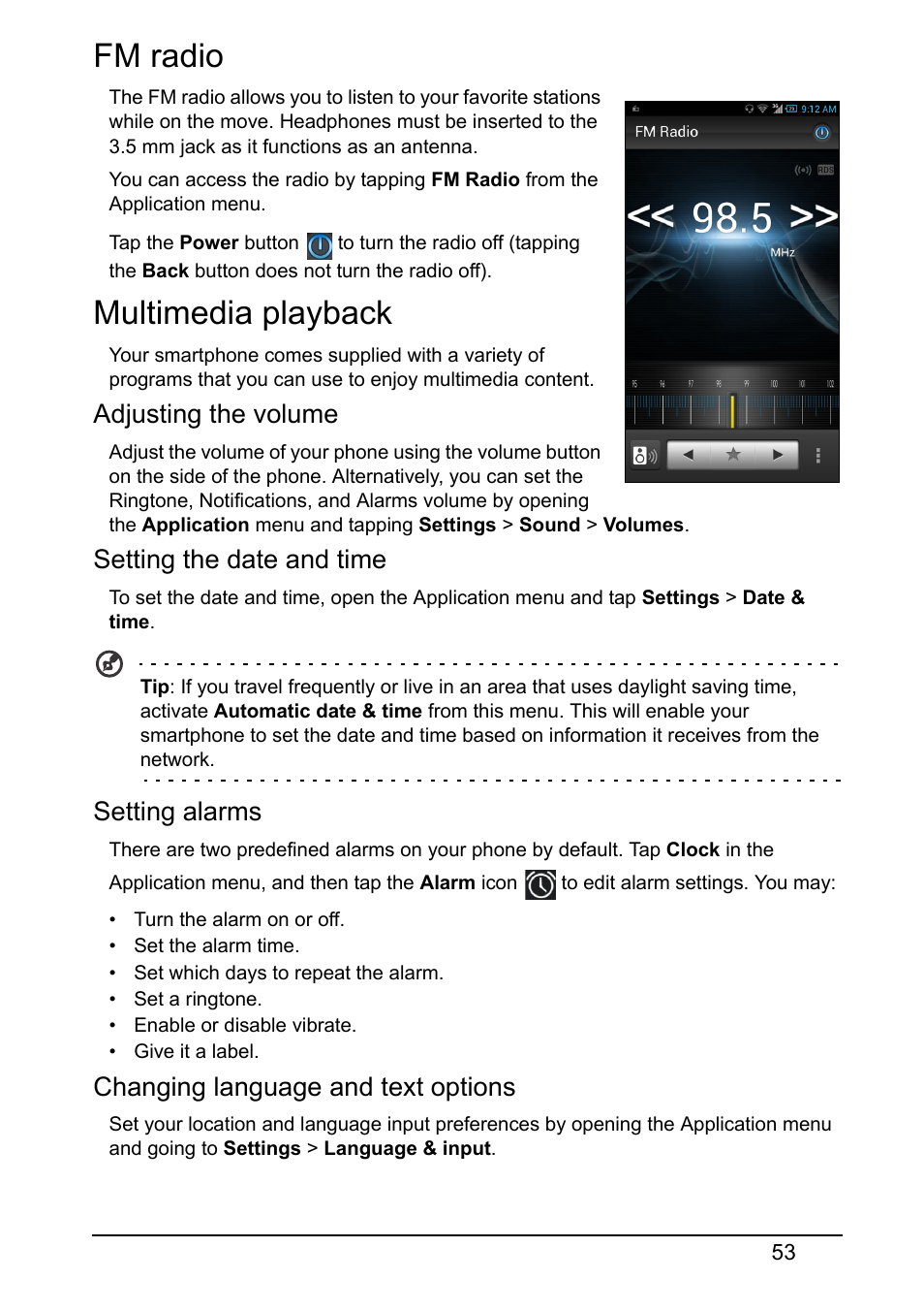 Fm radio, Multimedia playback, Fm radio multimedia playback | Adjusting the volume, Setting the date and time, Setting alarms, Changing language and text options | Acer S520 User Manual | Page 53 / 70