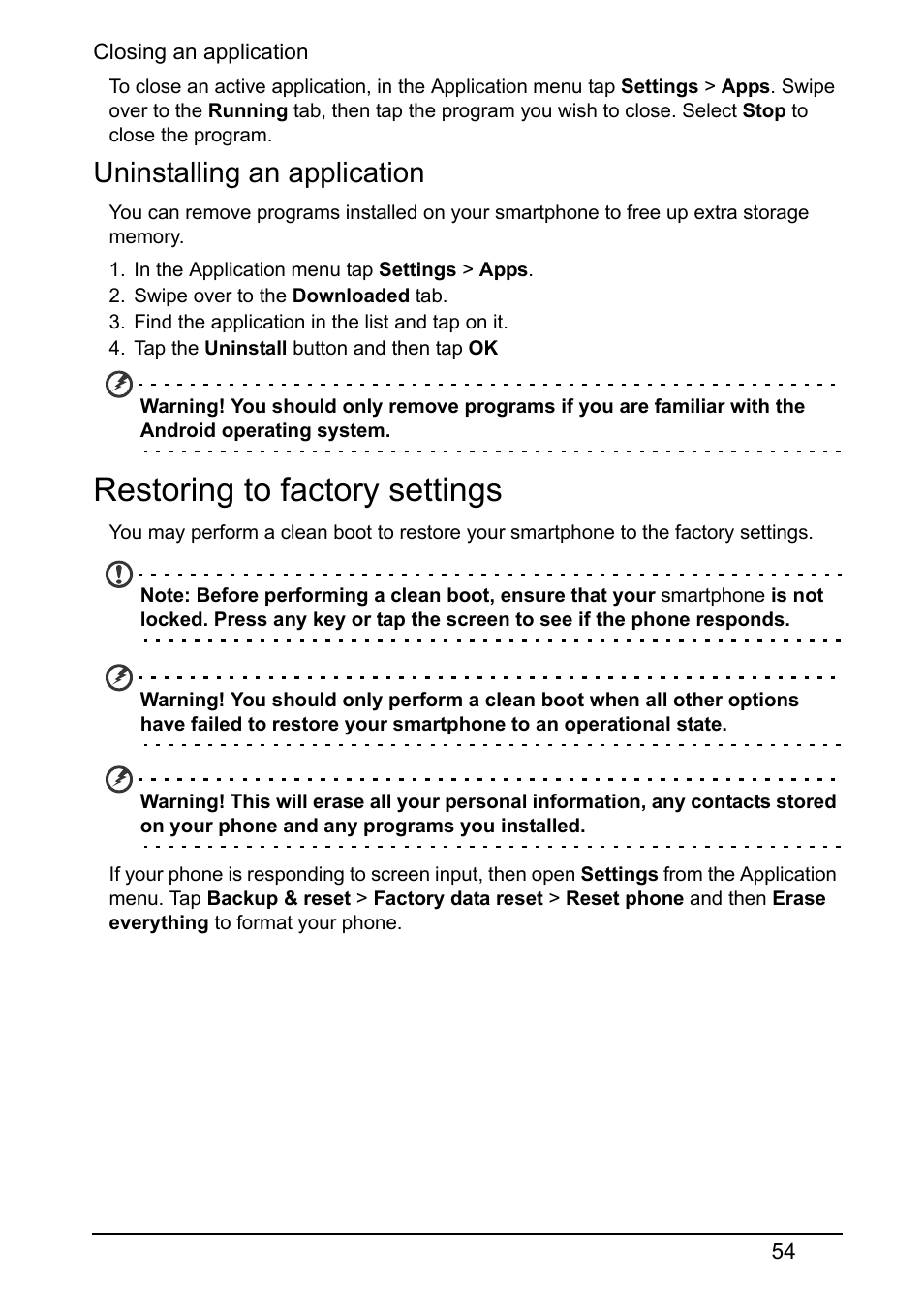 Uninstalling an application, Restoring to factory settings | Acer S520 User Manual | Page 54 / 70