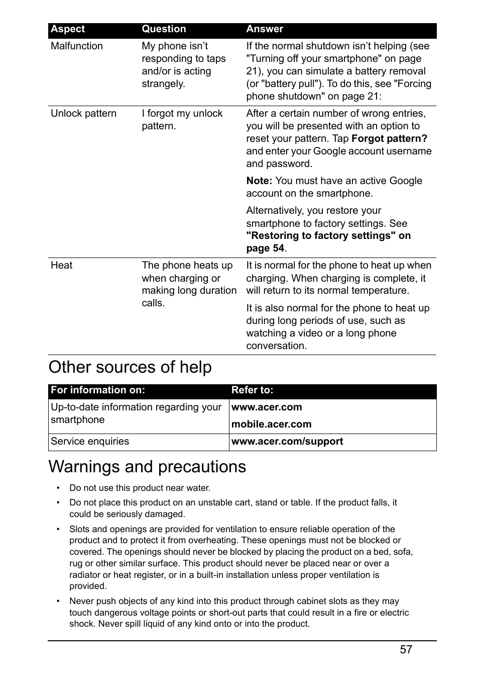 Other sources of help, Warnings and precautions, Other sources of help warnings and precautions | Acer S520 User Manual | Page 57 / 70